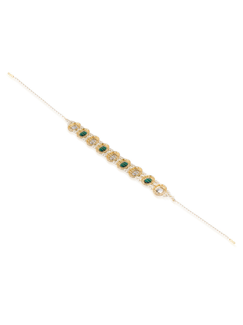 HAIR DRAMA CO. Hair Drama Co. Women Gold-Plated Green Crystals & Pearls Embellished Mathapatti